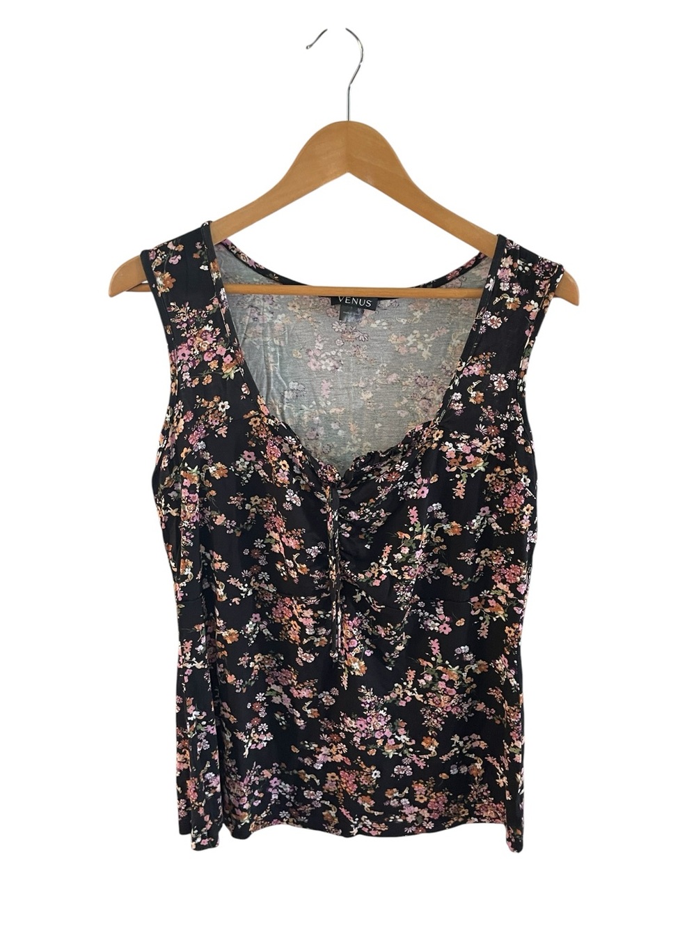 C50- VENUS Black Floral Ruched Scoop Neck Tank